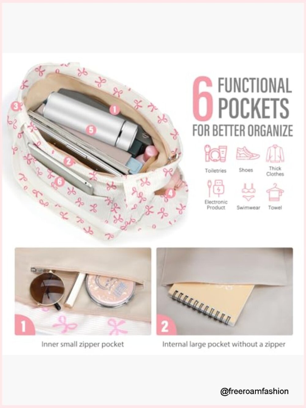 Corduroy Tote Bag, Large Capacity with 6 Pockets, Crossbody Shoulder Handbag - Picture 5 of 7